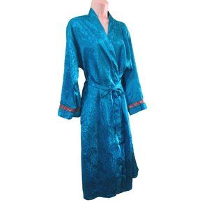 LA Intimates Turquoise Damask Embroidered Ribbon Trim Vintage Robe Med GUC